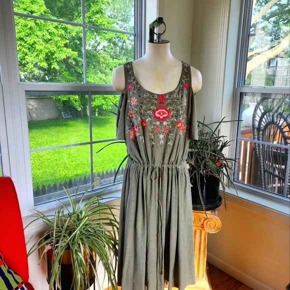 Rafaella Olive Green & Pink Embroidered Floral Print Cold Shoulder Dress Sz XL - Picture 4 of 9